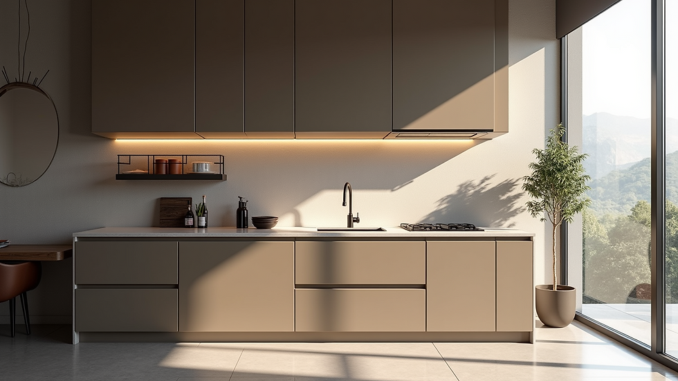 High angle view of a modern kitchen with stylish cabinetry