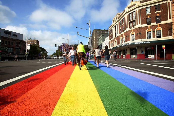 Oxford Street. Credit: Jane Dempster / City of Sydney. Sydney - February 26, 2013: Rainbow crossing, Oxford Street, Darlinghurst.