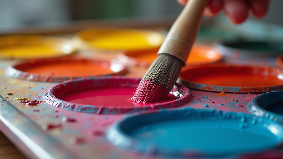 Close-up view of a vibrant paint palette with various colors