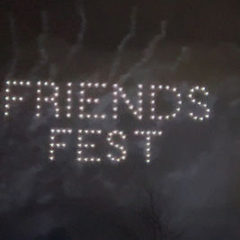 Drones lit up in the night sky spelling "Friends Fest" over theBucher's Farm during the annual Oser-Roth & Friends Fest charity event.