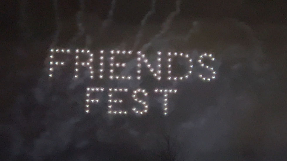 Drones lit up in the night sky spelling "Friends Fest" over theBucher's Farm during the annual Oser-Roth & Friends Fest charity event.