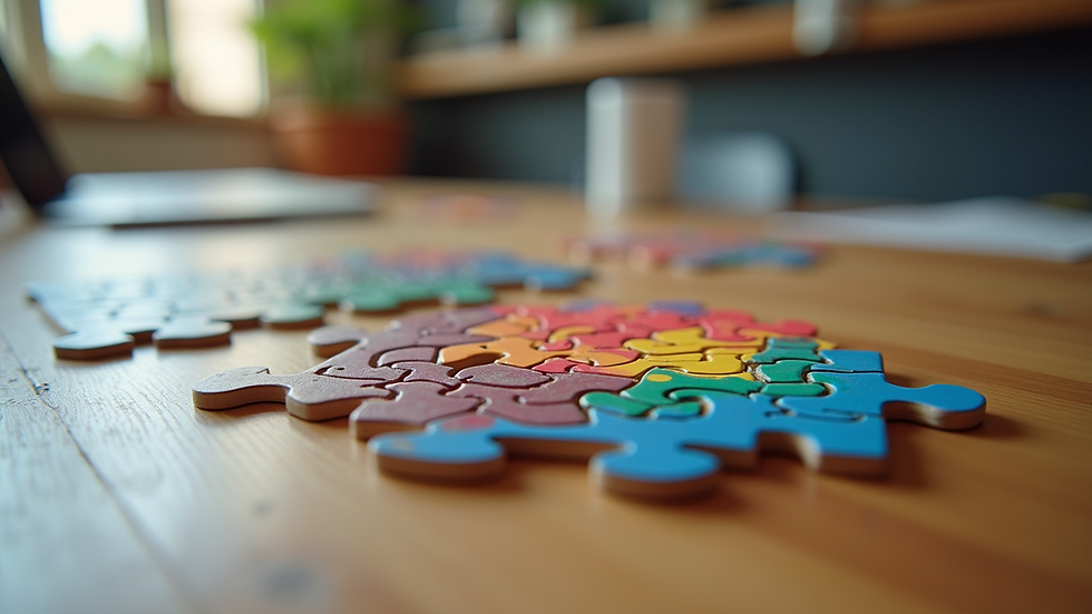 Close-up view of a colorful brain puzzle on a wooden table