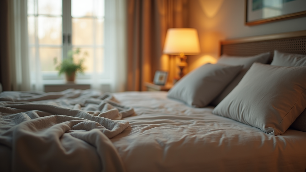 Close-up view of a cozy bedroom with soft lighting and a comfortable bed