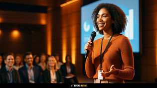 Woman in orange sweater speaks into a microphone on stage, smiling. Audience in background, seated. Presentation screen visible.