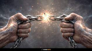 Hands pulling a chain apart, sparks flying amid glowing blue and orange lightning. Text at bottom says "Beyond Motive." Determined mood. Why Do Bad Habits Feel Impossible to Break? What Brain Science Reveals