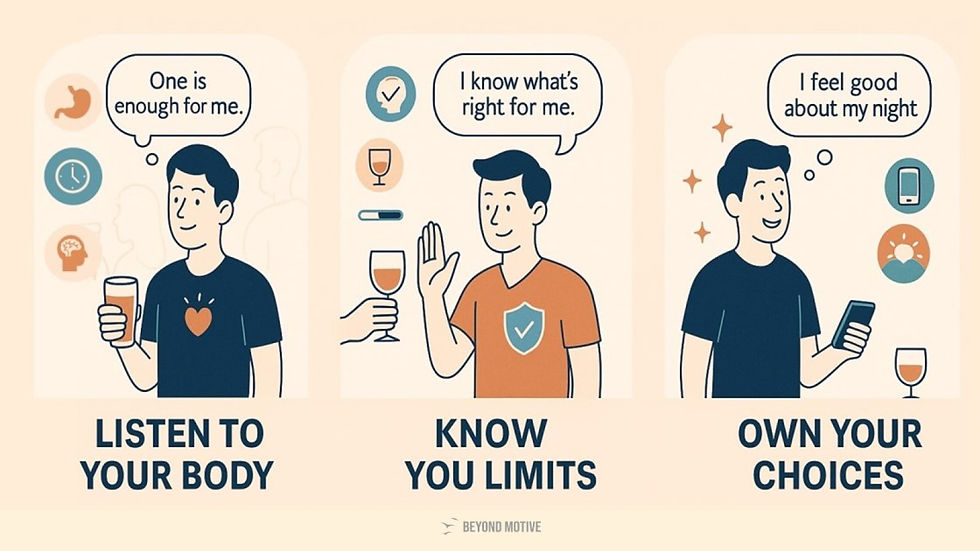 Man listening to his body, knowing limits, and owning choices about his alcohol consumption.