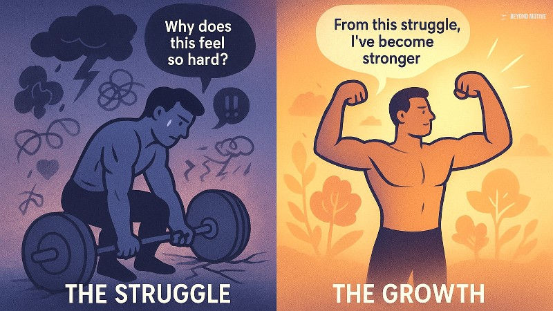 Left: Person struggling to lift weights in a dark setting, asks "Why does this feel so hard?". Right: Same person flexing confidently in bright scene, says "From this struggle, I've become stronger". Text: The Struggle, The Growth.