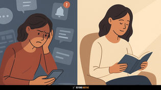 Split image: Left shows a stressed person with a phone, notifications in the background; right shows them relaxed, reading a book. Balancing Dopamine: Finding Focus in a Distracted Age Beyond Motive