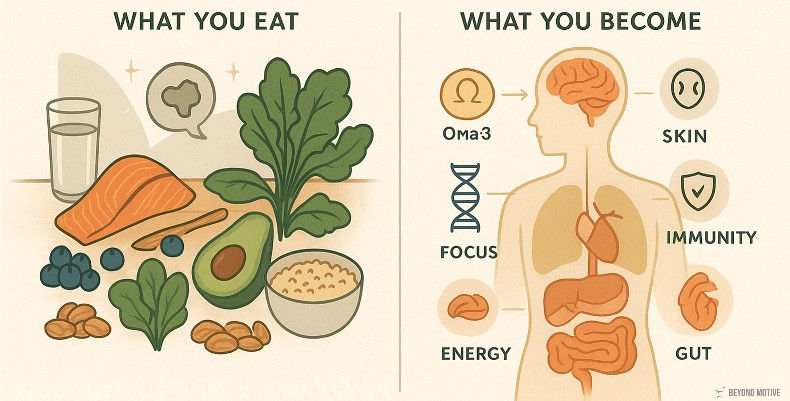 Foods like salmon, spinach, avocado, and nuts on the left; human body with labeled benefits like Omega 3, skin, immunity on the right. Beyond Motive.