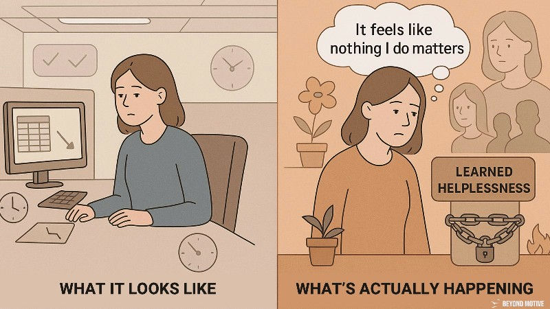 Split image: Left shows a woman at a desk with charts, looking neutral. Right shows her with a thought bubble "It feels like nothing I do matters" and a sign "Learned Helplessness."
Are You Truly Inspired by Your Work?