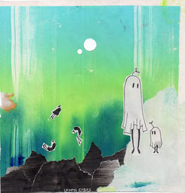 A paper-cut illustration of a big ghost and a small ghost stood on a cliff, looking out at some other ghosts having fun flying around in the distance.