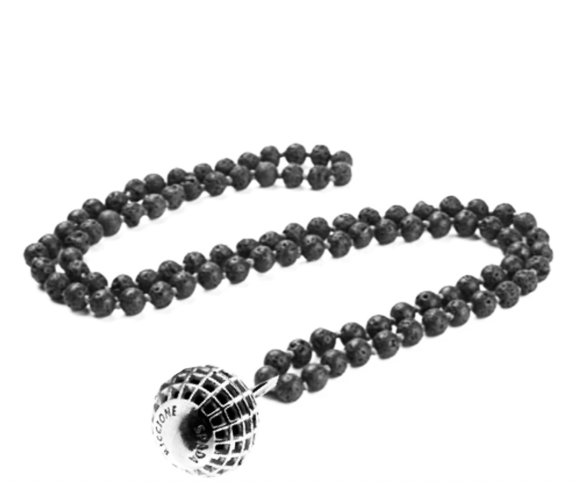 Mirror Ball 54’s lava stone beaded necklace with silver pendant
