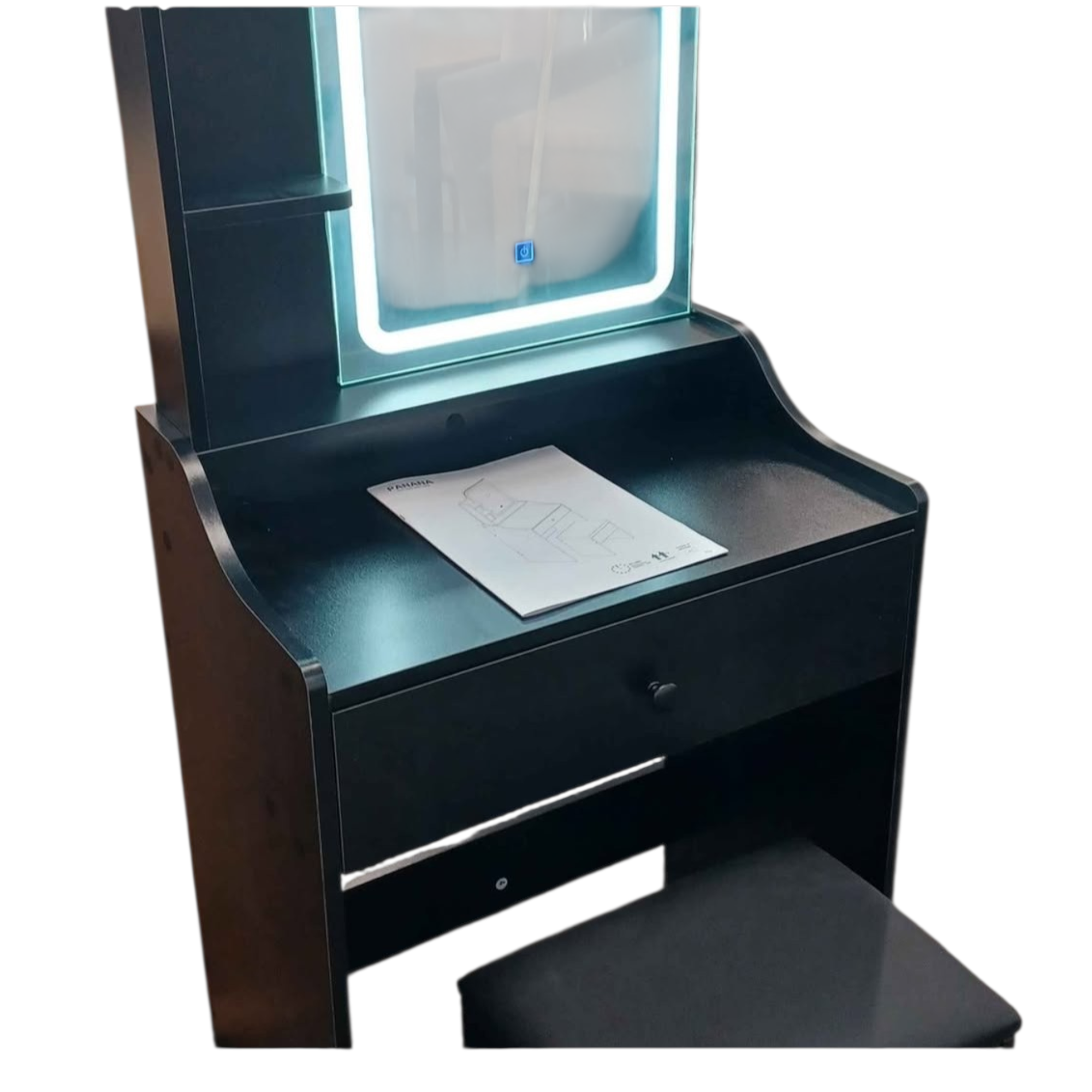 Vanity/dressing table with 3 colour mirror, and storage stool