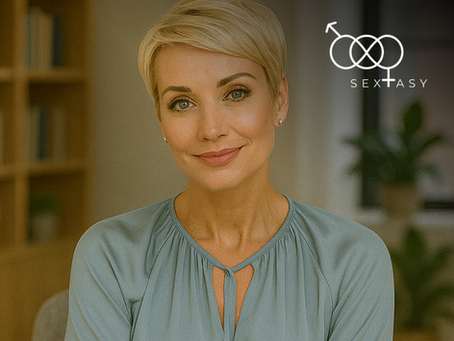 Smiling woman with short blonde hair wearing a light blue blouse, seated indoors with soft natural lighting and blurred bookshelves and plants in the background