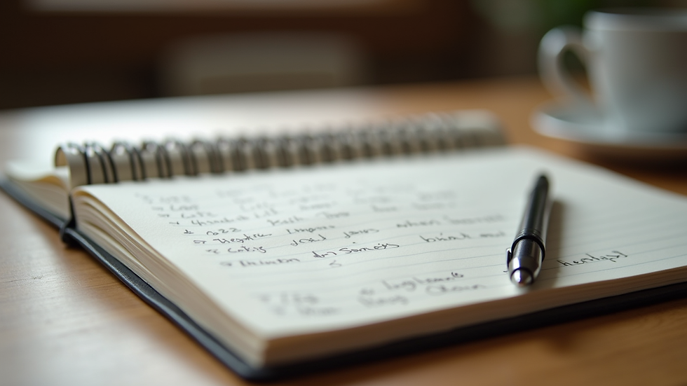 close-up view of a notebook with handwritten notes and a pen on a wooden table