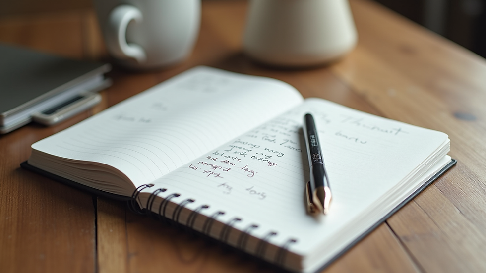 Close-up view of a notebook with therapy notes and a pen on a wooden table