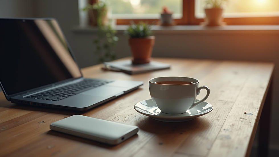 eye-level view of a cozy home office setup with a laptop and a cup of tea