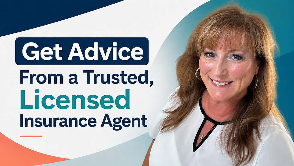 Smiling woman beside text: Get Advice From a Trusted, Licensed Insurance Agent on a blue-and-white graphic.
