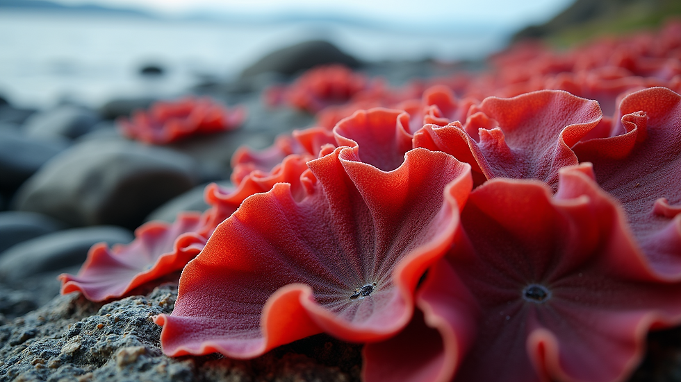 Red marine algae on a rocky shore
