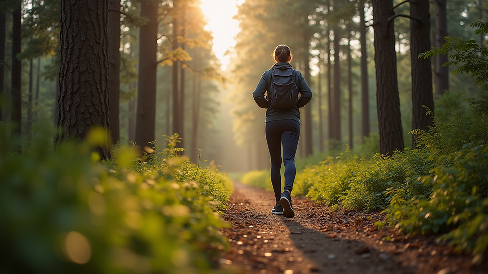 Eye-level view of a person walking on a forest trail for exercise