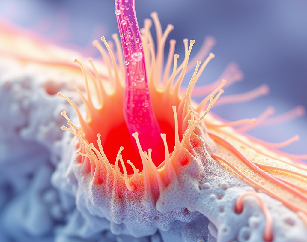 Microscopic view of a hair follicle with a vibrant depiction of algae calcium's potential role in stimulating hair growth.