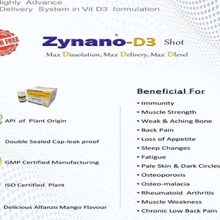 Zynano-D3 Shot: Max dissolution, delivery, level; beneficial for immunity, muscle strength, and more.