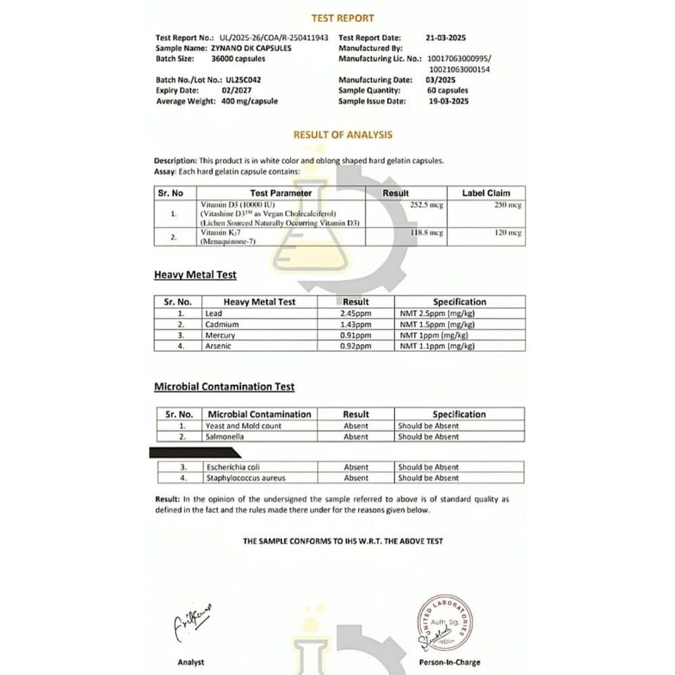 Zynano dk- vegan vitamin d3 10000 iu with k2 certificate of analysis image