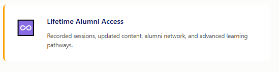 Lifetime Alumni Access: Recorded sessions and network.
