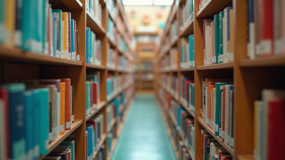 Eye-level view of a whimsical library filled with colorful books