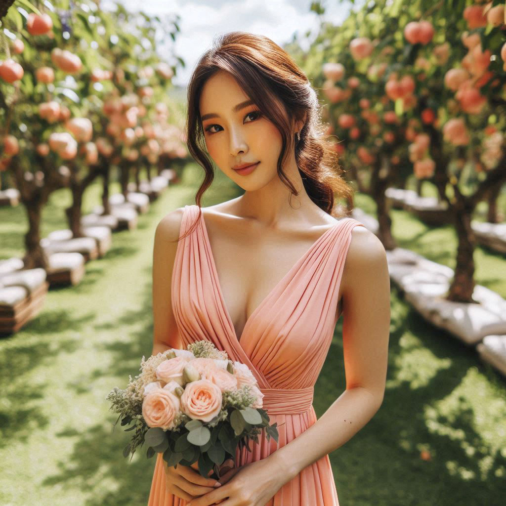 Asian bridesmaid in peach fuzz convertible infinity dress in fruit garden looking happy