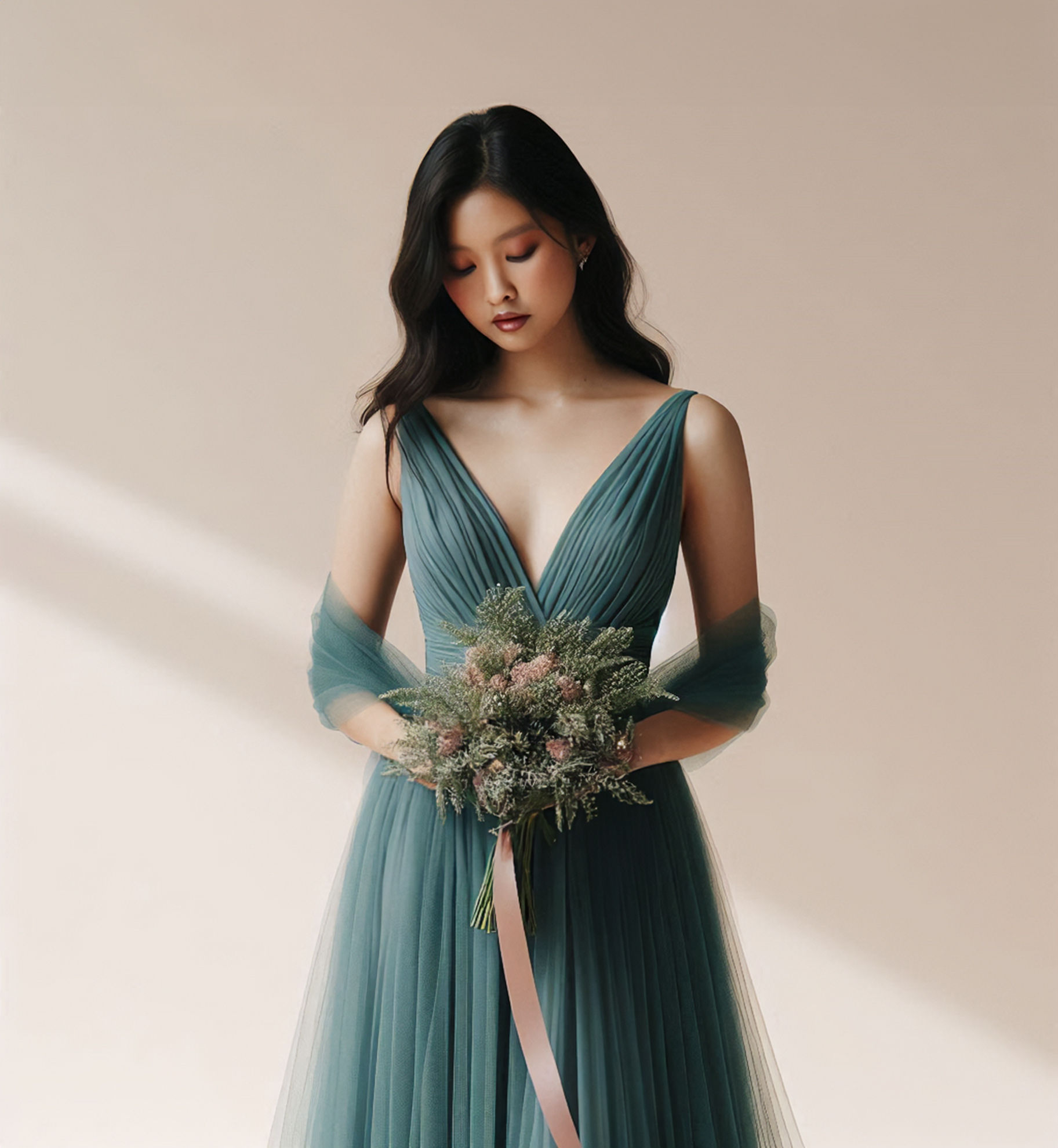 Wedding photoshoot of Bridesmaid wearing Signature Convertible Bridesmaid Dress in Teal Deep Niagara Blue and holding flowers
