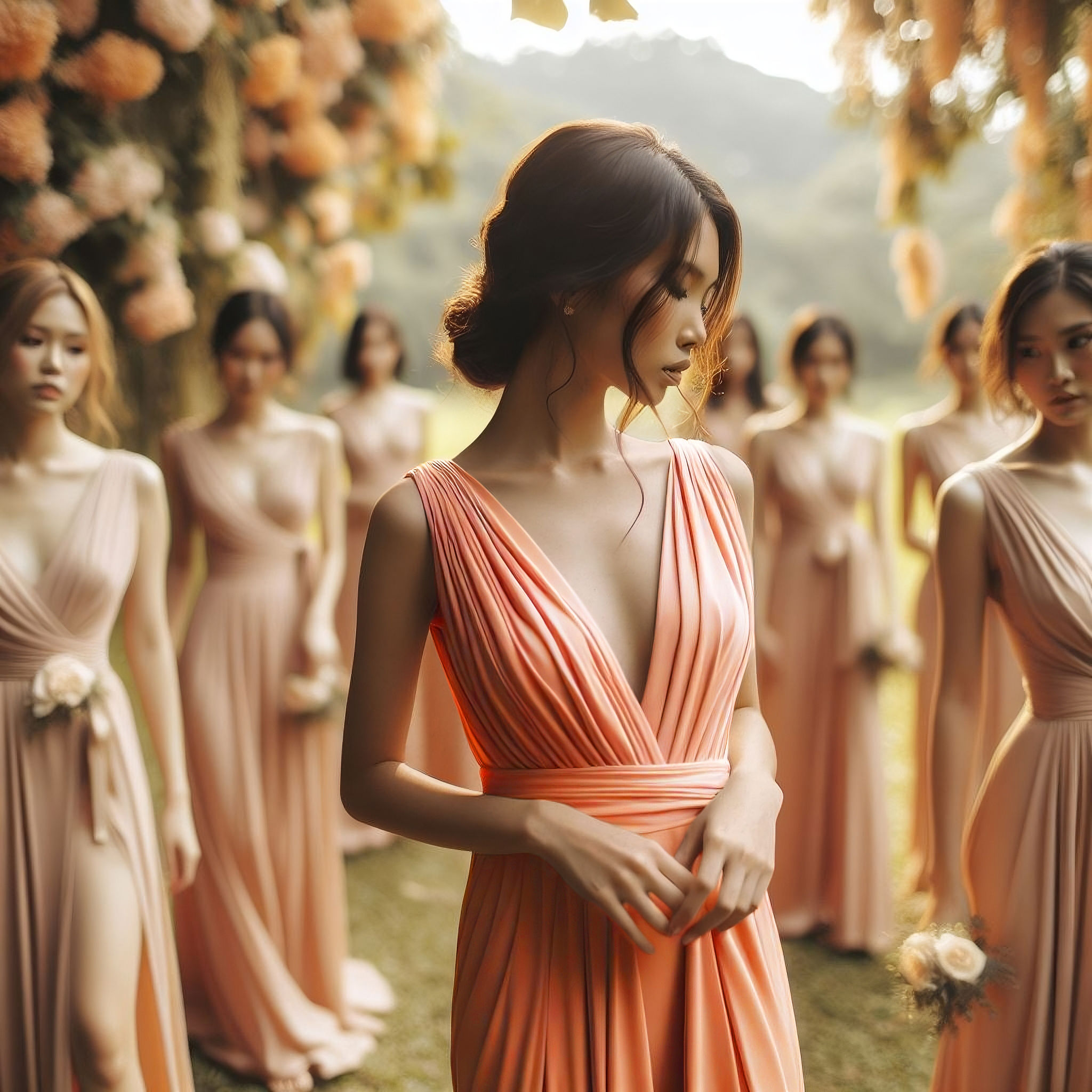 Women at an outdoor wedding photoshoot wearing apricot crush coloured convertible/ multi-way/ infinity bridesmaid dresses