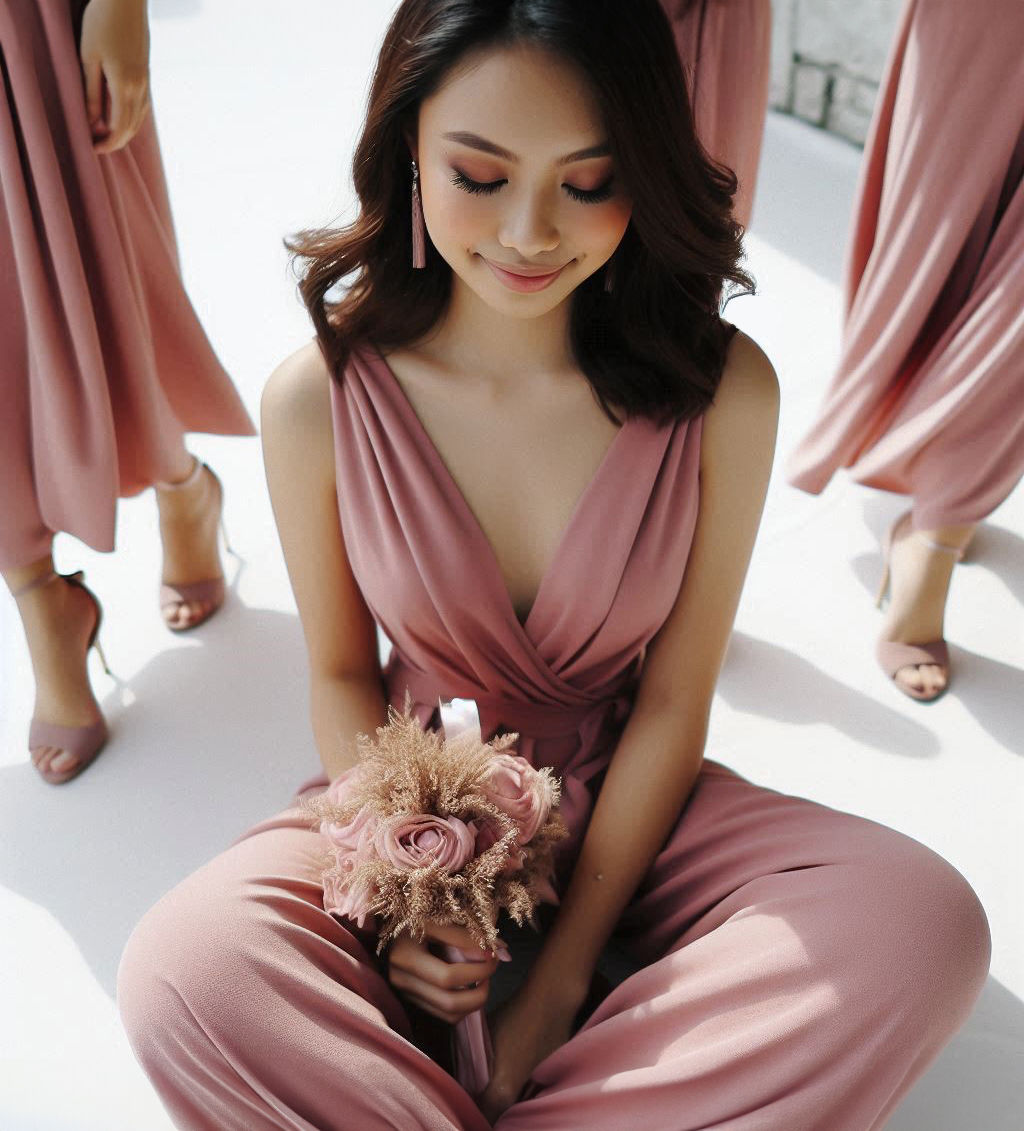 Bridesmaid in a Dusty Pink convertible infinity jumpsuit, showcasing versatile fashion options and elegant style.