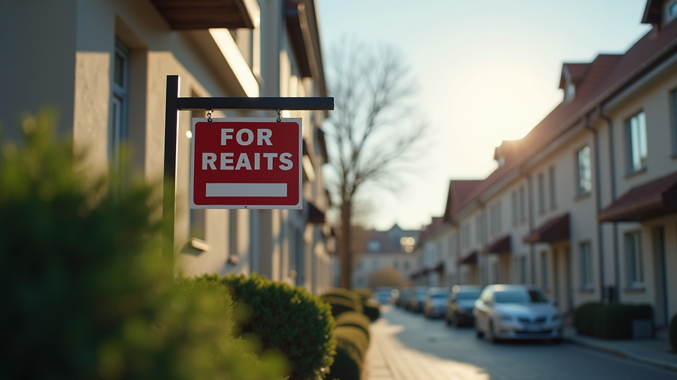 Eye-level view of a residential building with a "For Rent" sign