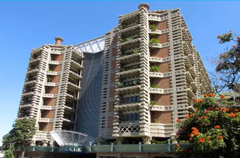 The Eastgate shopping centre in Harare, Zimbabwe. Its design is famously inspired by the ventilation of termite mounds