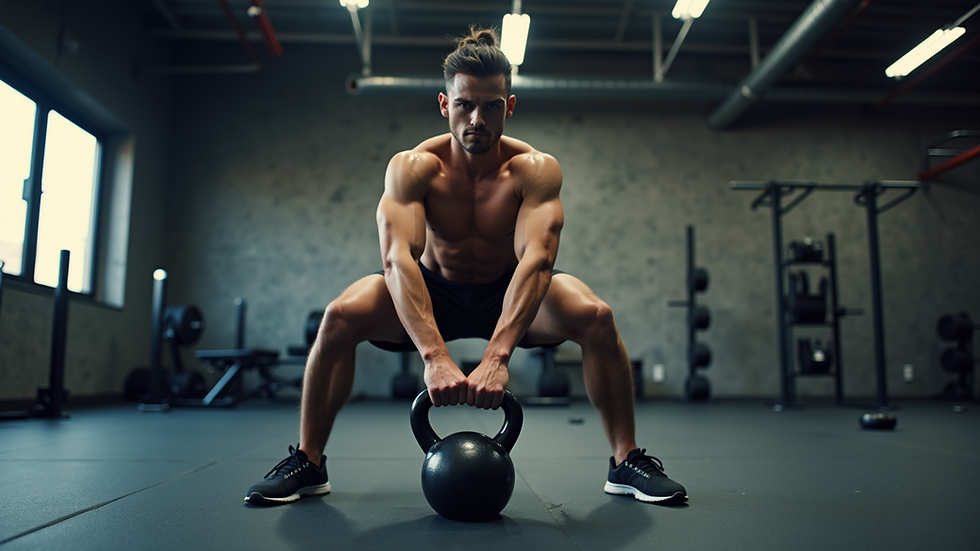 Eye-level view of a person performing a kettlebell swing in a gym