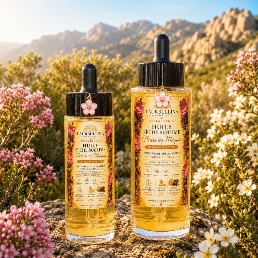 flacon huile sublime fleurs du maquis au squlane vegetal 50ml et 100ml