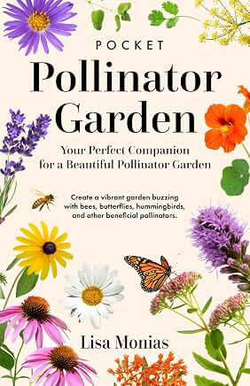 Colorful poster for Pocket Pollinator Garden with flowers, bee, butterfly, and text about companion gardening by Lisa Monias.