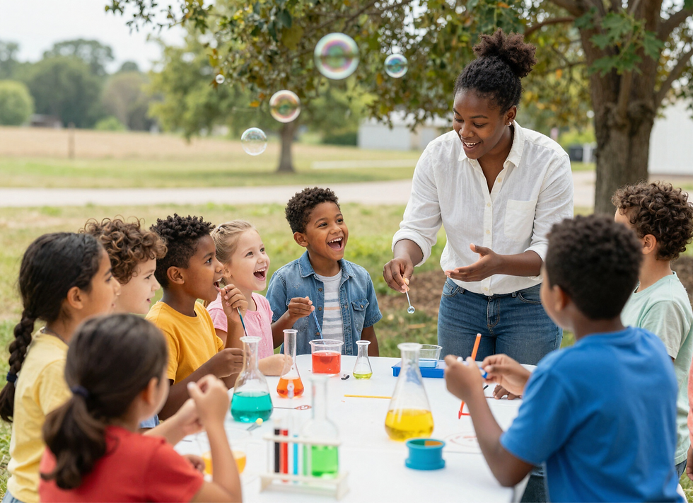 Teacher blowing bubbles with smiling children at an outdoor science table with colorful beakers in a park.