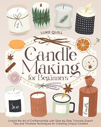 Illustrated candle-making guide cover with assorted candles, herbs and citrus; text says Candle Making for Beginners by Luke Quill.