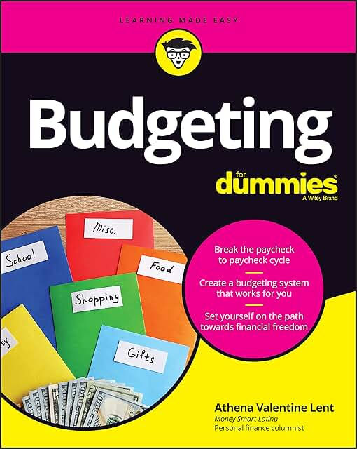 Budgeting for Dummies book cover with labeled envelopes and dollar bills on a black and yellow background.