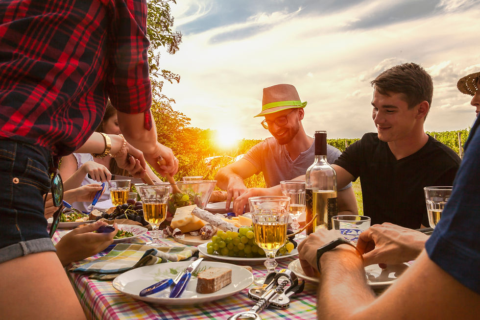 Friends share a sunset picnic outdoors, eating cheese and grapes with wine at a checkered table, smiling in warm light.