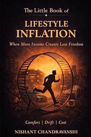 Book cover with title The Little Book of Lifestyle Inflation, showing a man running inside a glowing wheel, dark orange background, by Nishant Chandravanshi