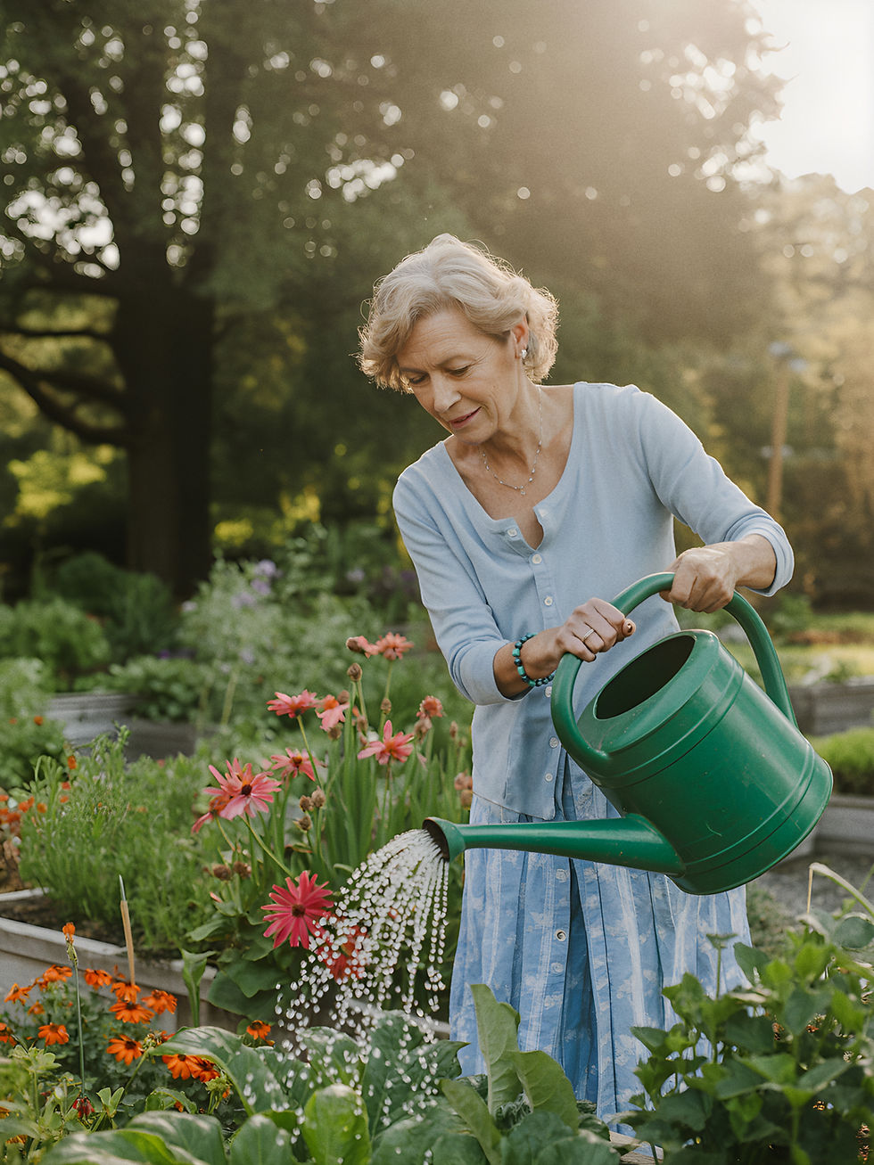 Elderly woman waters pink and orange flowers in a sunny garden with a green watering can.