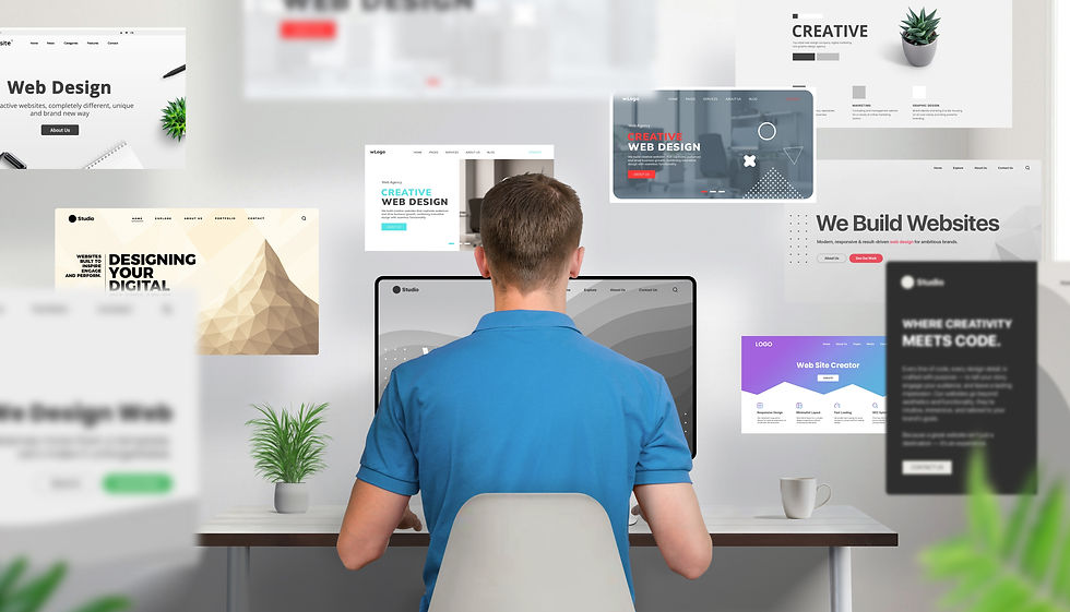 Man in blue shirt sits at a desk facing a monitor, surrounded by web design mockups and text like Creative Web Design and We Build Websites