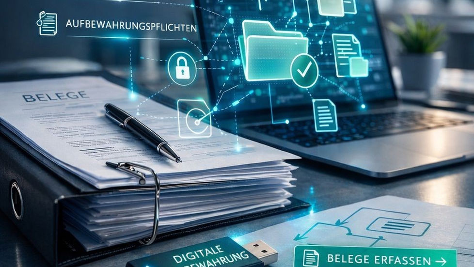 Laptop und Symbole zur digitalen Belegablage