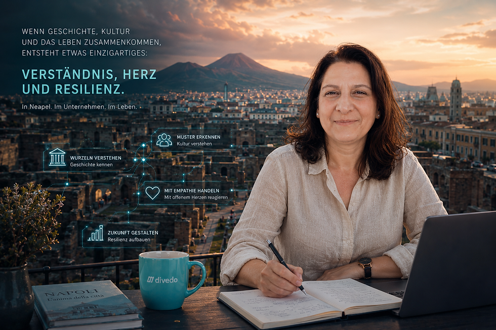 Nadine Amato mit Laptop auf einem Balkon und im Hintergrund Neapel.