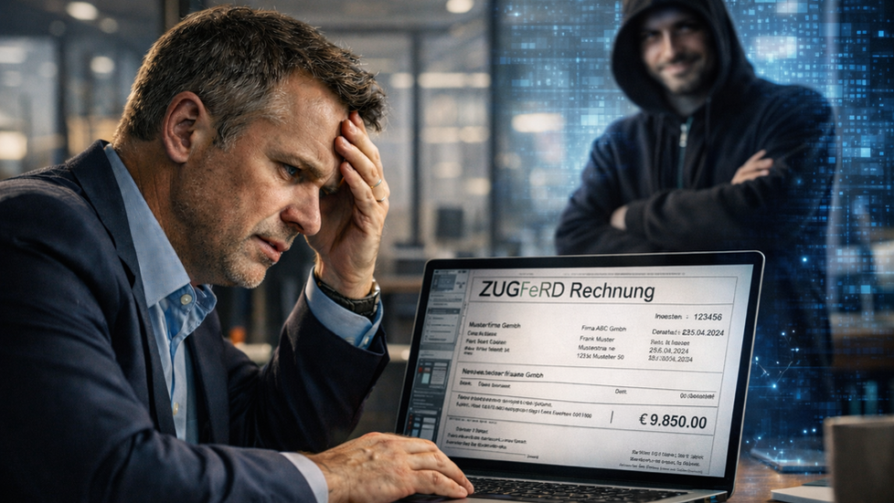 Mann am Laptop mit gefälschter E-Rechnung