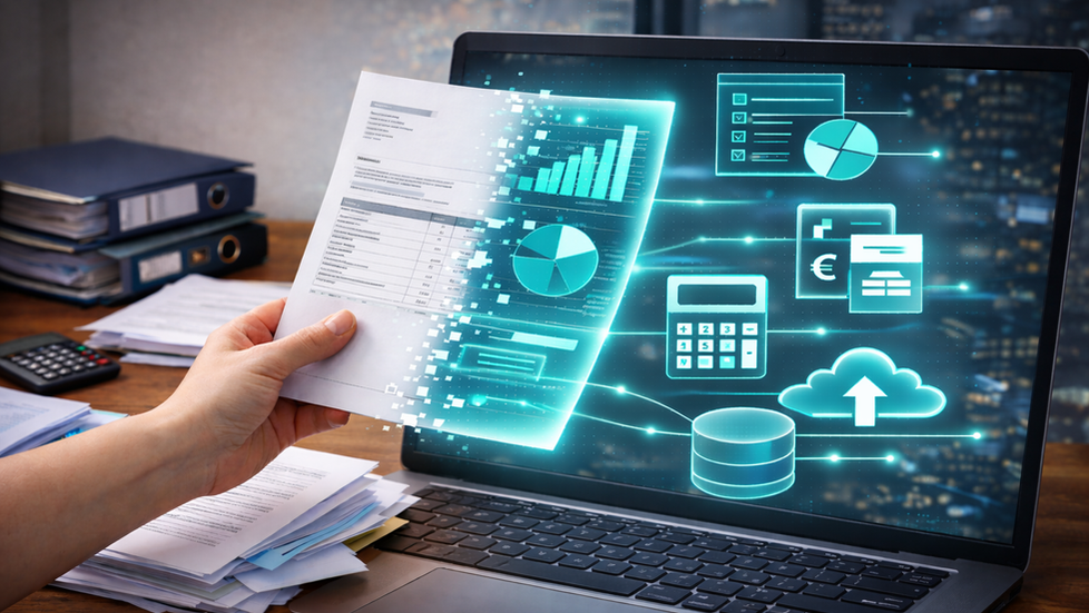 Hand hält ein Schriftstück welches zur Hälfte digitalisiert ist