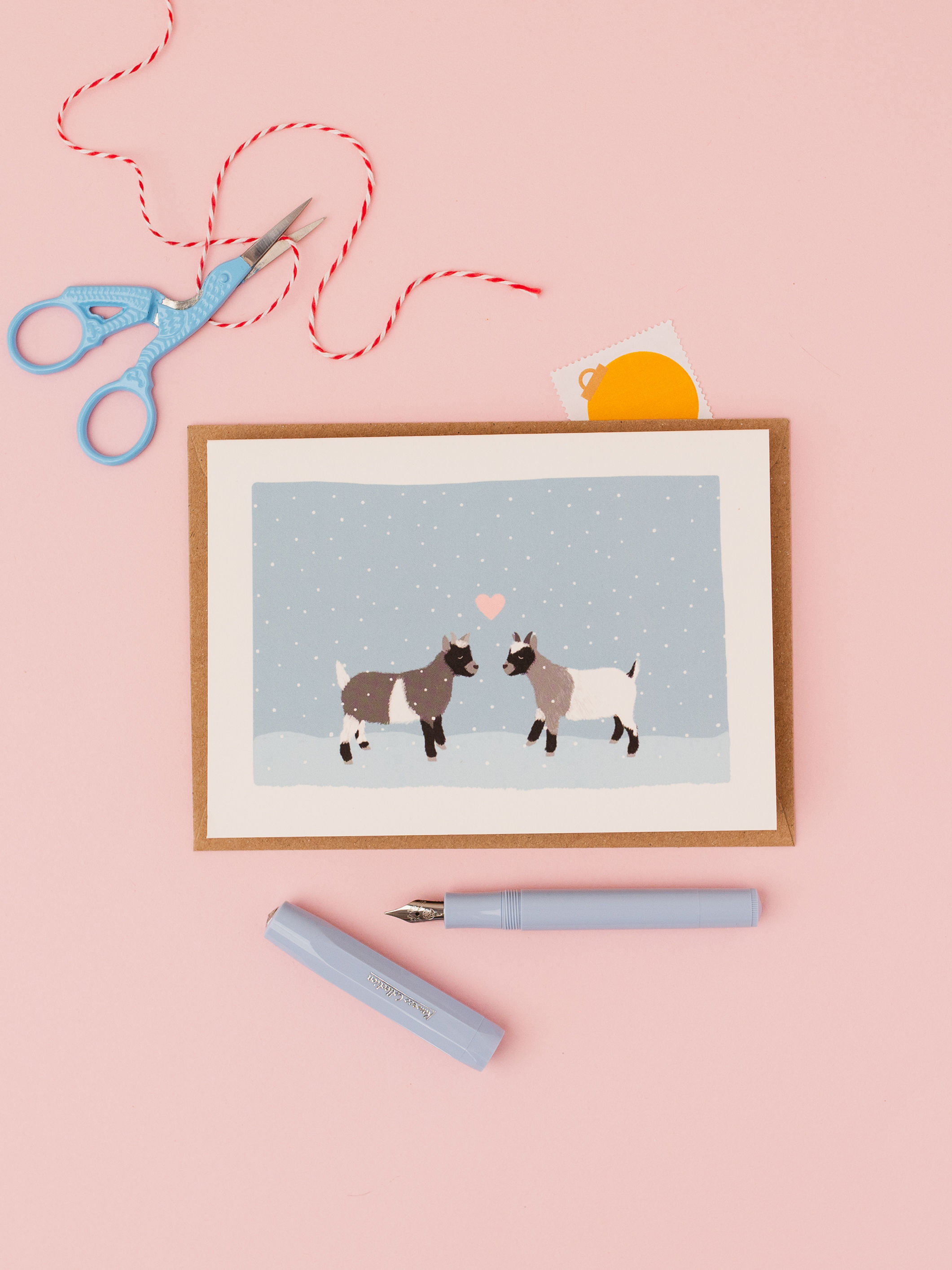 Pygmy goats in the snow- Christmas love card